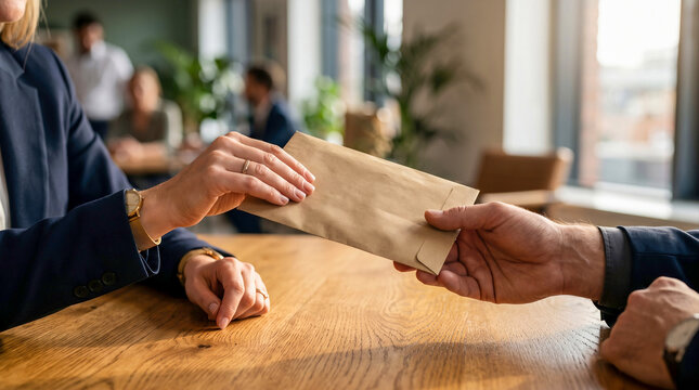 Professional corporate business partners exchanging secret envelope document in the office