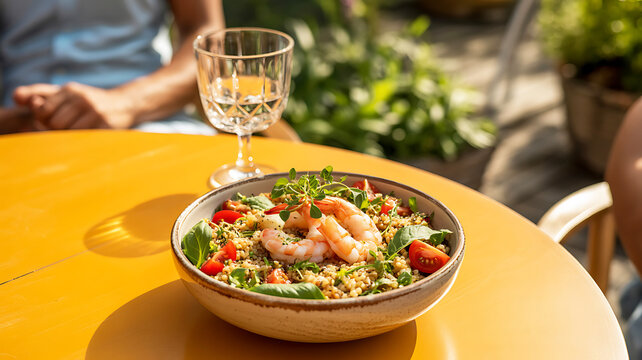 Shrimp salad, seafood dish, outdoor dining, summer food, healthy meal