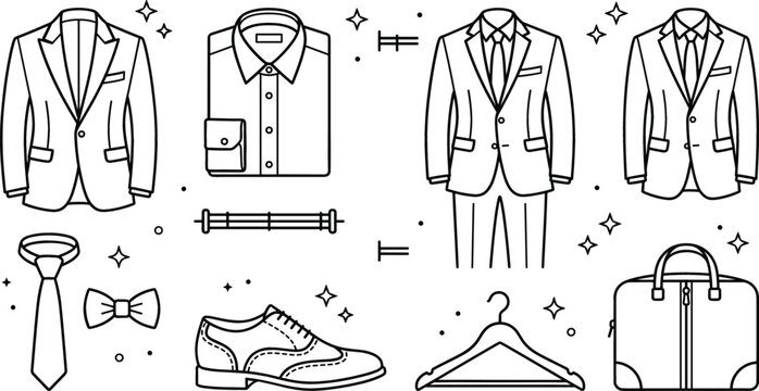 Mens suit and fashion vector line art icon set featuring classic formal clothing shoes tie bag and accessories