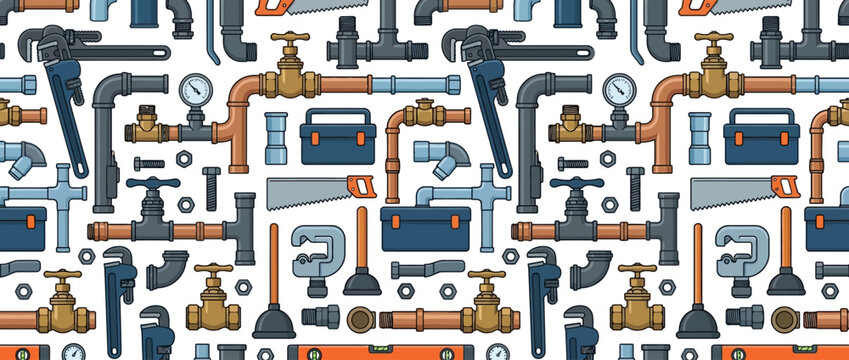 Plumbing Tools and Pipes Seamless Pattern: Wrench, Saw, Plunger, Valves