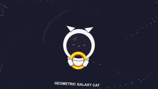 Cute pop art space explorer cat holding a golden cosmic ring in galaxy illustration