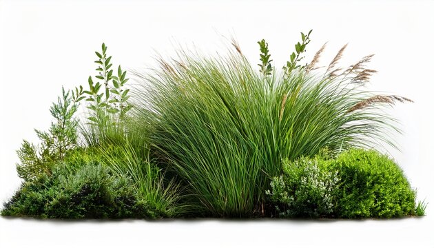 Lush Green Grass Tufts And Wild Shrubs Isolated On White Background