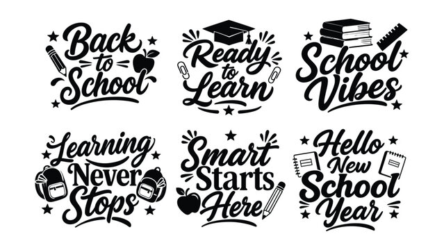 Collection of six motivational schoolthemed graphic designs with text and illustrations for education
