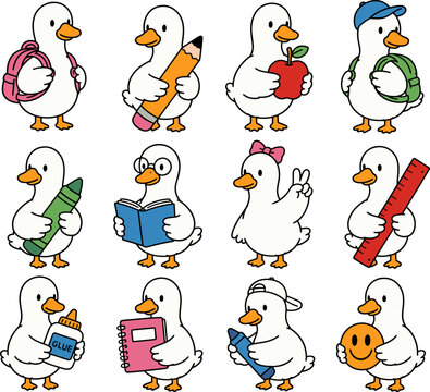 Cute back to school duck clipart collection. Cartoon goose student with pencil, backpack, apple, book, notebook, ruler, glue, crayon. Fun education classroom character vector illustration bundle