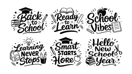Fototapeta premium Collection of six handdrawn lettering phrases and illustrations related to education and school life