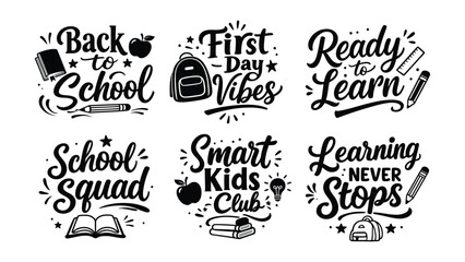 Collection of six creative handdrawn typography designs celebrating back to school and learning concepts © MDMOMIN