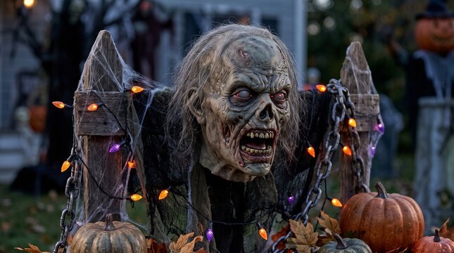 Terrifying animatronic zombie decoration with spooky Halloween lights and pumpkins