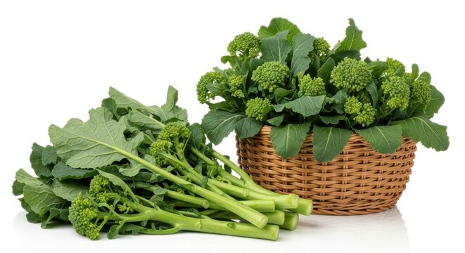Fresh green broccoli rabe vegetables in a wicker basket and lying on the table