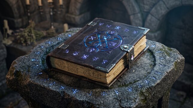 Ancient dark magic book with glowing runes rests on a stone altar