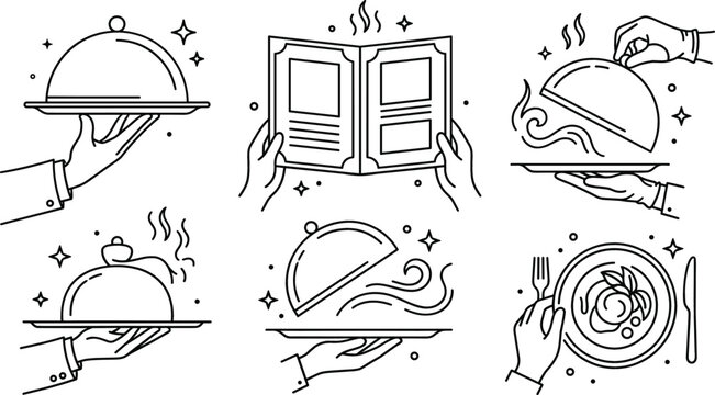 Restaurant waiter vector line art icon set featuring hot food serving tray cloche open menu book and plate