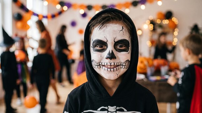 Young child with skeleton face paint smiles at a Halloween party celebration