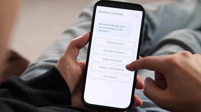Self-care check-in via smartphone. High-quality visual of a modern AI wellness bot interface. User navigating stress management options at home. Great for promoting health tech, mindfulness apps, and