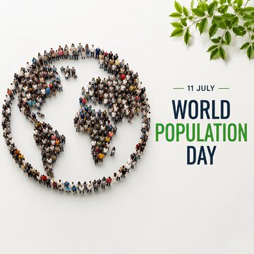 World Population Day: People forming a world map shape on white background for population day