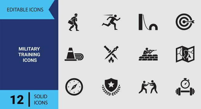Military Training Icons Solid Icon Set For Soldiers Boot Camp Physical Combat Preparation And Tactics