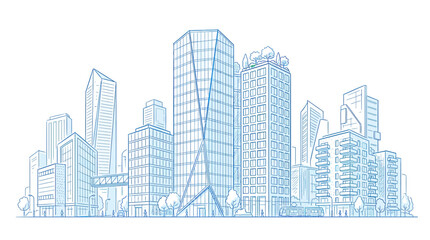 Fototapeta premium Modern Cityscape Sketch - Blue Line Art of Tall Buildings and Architecture