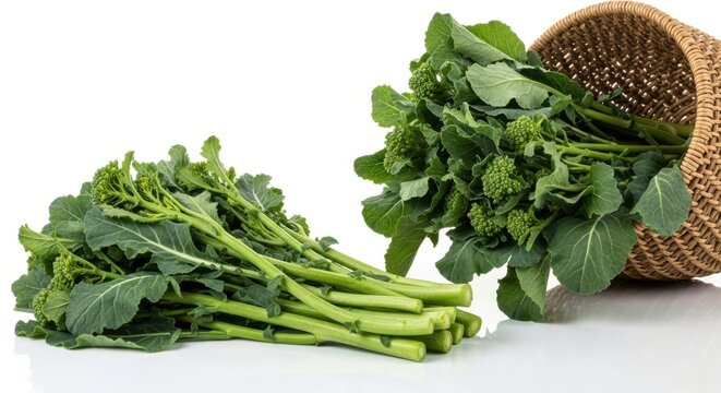 Fresh green broccoli rabe vegetable bunches in a small woven basket