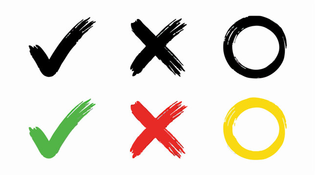 Brush Checkmark Cross and Circle Icons Vector Set Black Green Red