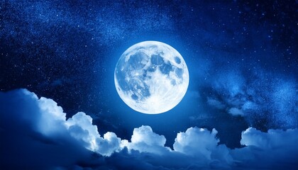 Fototapeta premium Full Moon Glowing In Dark Night Sky With Soft Blue Light And Cloud Textures For Celestial Background