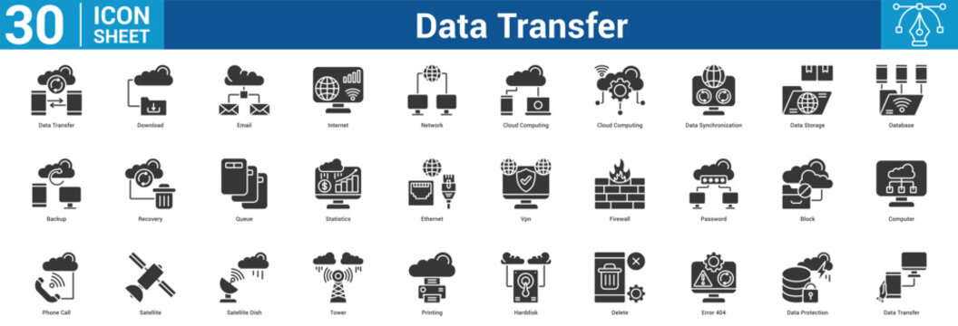 Data Transfer editable icon set vector illustration concept for business with icon of Data Transfer, Download, Email, Internet, Network, Cloud Computing, Cloud Computing, Data Synchronization, Dat.