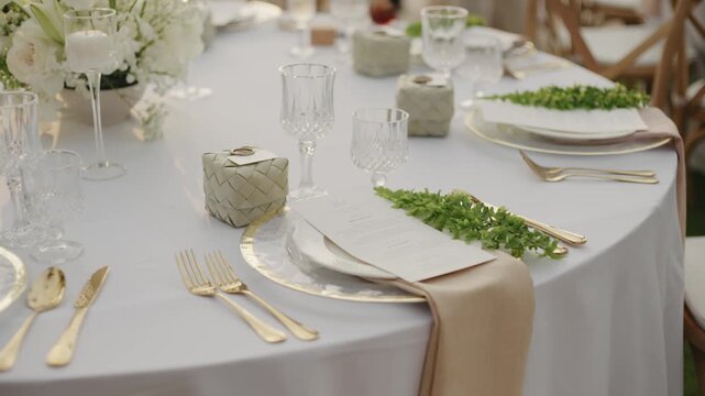 An elegant wedding reception table setting on a lawn, featuring white tablecloths, gold cutlery, crystal glassware, a detailed menu card with green fern accents, and small gift boxes.