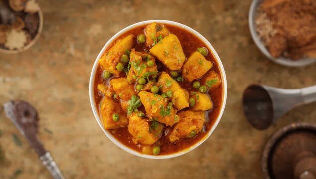 Aloo mutter is a Punjabi meal from India, consisting of potatoes and peas in a spiced creamy tomato sauce.