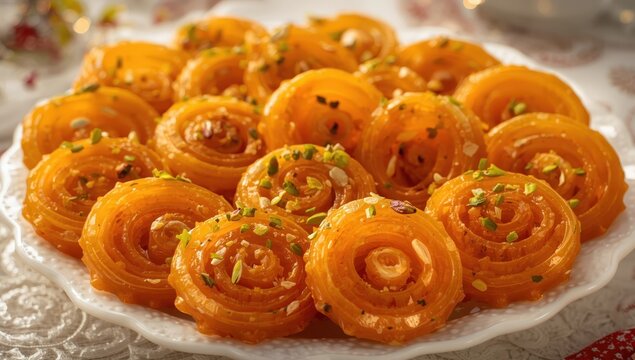 Shiny, spiral-shaped orange jalebis on a dish, adorned with pistachios, embodying festive sweetness and tradition.