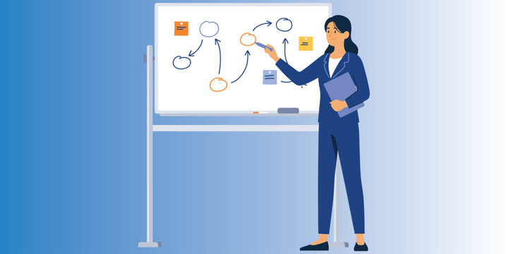 Business presentation illustration, professional teamwork concept, process diagram explanation, organizational flowchart design, corporate educational communication visual, flat vector illustration