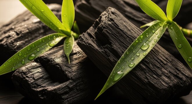 Fresh green leaves growing from black charcoal.