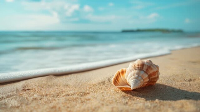 Close-up spiral seashell on sunlit sandy beach with gentle ocean waves and a distant island horizon