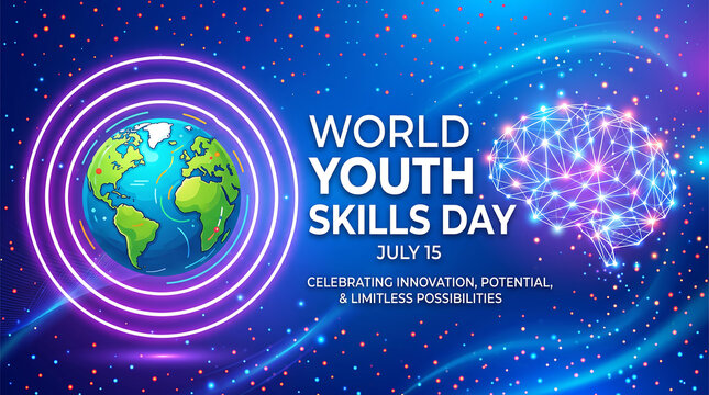 A vibrant world youth skills day banner featuring a colorful globe and glowing digital brain illustration