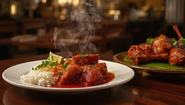 A rich and spicy Lal Maas, a classic Indian meal featuring tender lamb, fragrant spices, and fluffy rice.