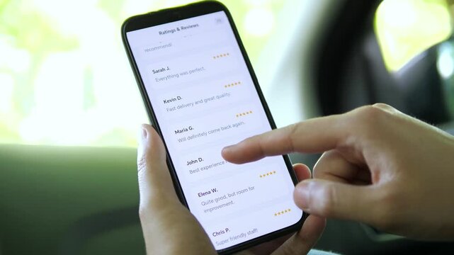 Mobile screen displaying a detailed list of 5-star customer reviews. User scrolls through glowing testimonials inside a car. Perfect for social proof marketing, e-commerce trust-building