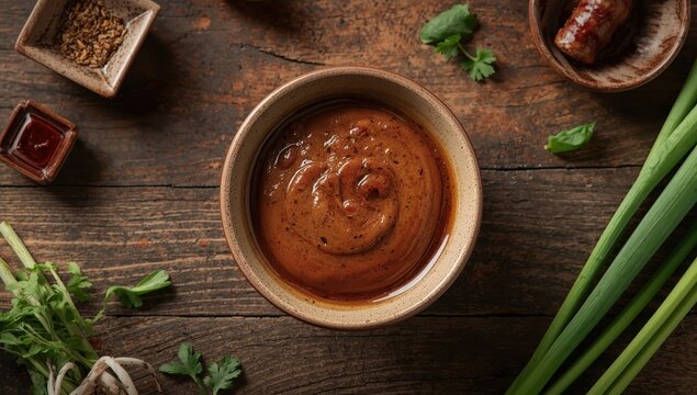 Bowl of traditional fermented miso on a table. Japanese cuisine. Aerial view. Web banner.