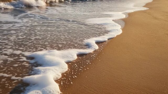 Golden sandy beach shoreline with gentle foamy ocean waves washing ashore at low tide