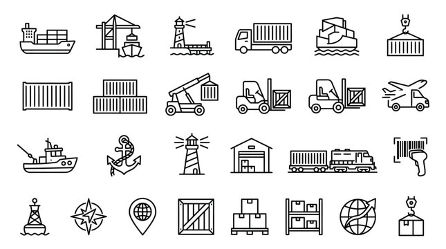 Logistics and Shipping Line Icons Set with Cargo Transport Warehouse and Freight Delivery Vector Illustration
