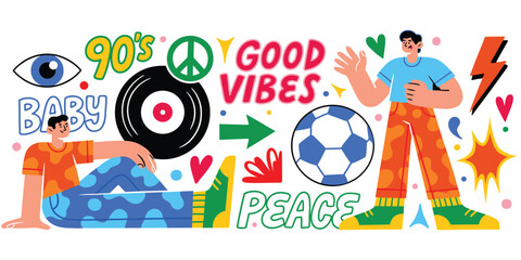 Fototapeta premium Retro 90s culture illustration with people, peace signs, good vibes text, colorful decorative elements, nostalgic design concept, flat vector illustration