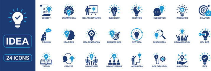 Idea and Innovation Solid Icon Set Featuring Creative Thinking, Brainstorming, Business Solution, Collaboration, Concept Development and Lightbulb Brain Vector Symbols © Flaticonic