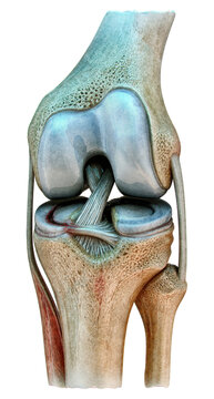 Meniscus tear anatomy, knee joint injury, orthopedic medicine. Human knee anatomical cross section: torn medial meniscus, cruciate ligaments, cartilage. Traumatology, sports injury, orthopedic surgery