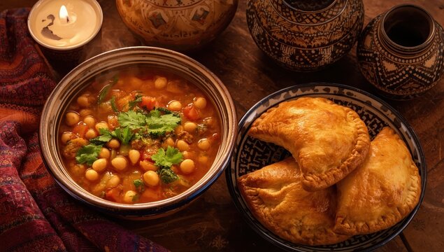 classic spiced Algerian vegetable soup called Harira and meat pastries known as bourek