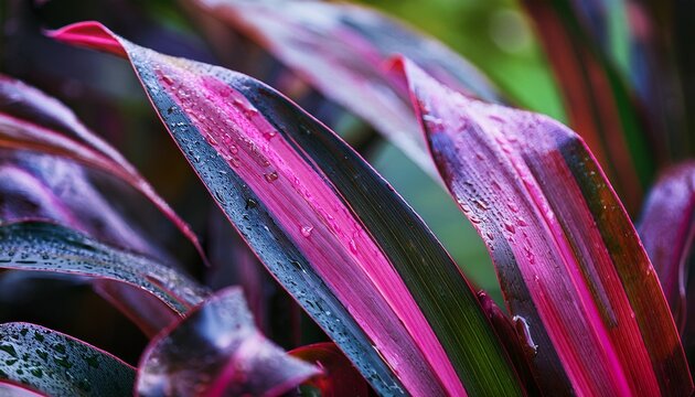 Close Up Of Purple And Green Leaves With Pink Edges And Water Droplets Ti Plant Scientifically Known As Cordyline Fruticosa