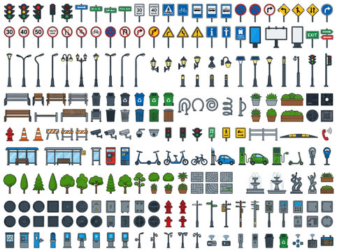 Mega Collection of Pixel Art Icons for Urban Street Design: Comprehensive Set of City Elements, Traffic, and Public Utilities
