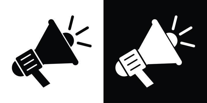 Minimalist megaphone icon set. Black and white stock illustrations of a hand speaker symbol used for public speaking, promotion and advertising.