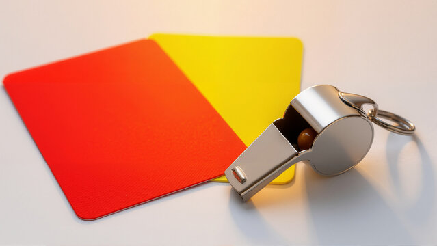 Metal whistle with red and yellow penalty cards on white background