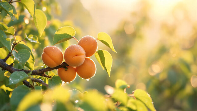 Ripe apricots with water drops growing on a tree branch in sunlight