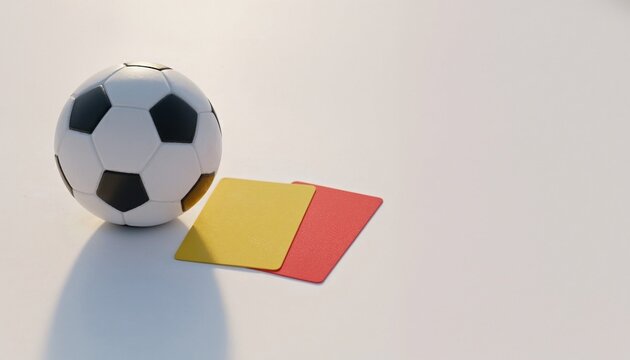 Classic soccer ball with red and yellow referee cards on white background