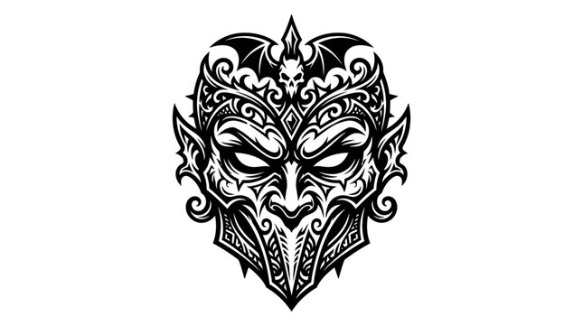 Ornate Devil Mask Tattoo Design, Tribal Evil Demon Face, Black and White