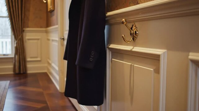 Elegant navy overcoat hanging on a gold hook in a luxurious hallway with a checkered wood floor