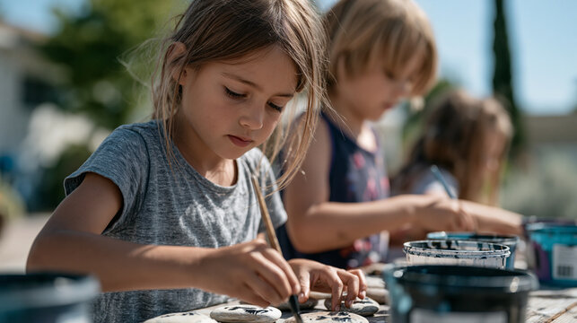 Kids paint faces on smooth river stones at a park volunteer beautification day, buckets of acrylic paint ringed by July sunshine, concentration evident in each small face bent