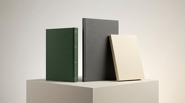 Three blank hardback books in green grey and cream colors standing on a square display block