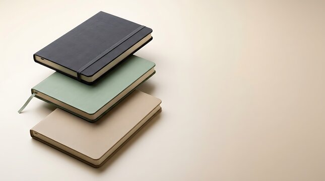 Stack of three colorful notebooks with hard covers placed neatly on a light neutral surface